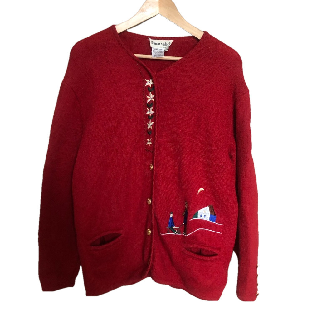 Vintage Wool Embroidered Winter Scène Cottagecore Red Knit Cardigan Medium